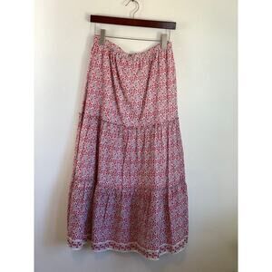 Vtg Max Studio Floral Heart Print Midi Skirt M Red Tiered Ruffle Cottage Prairie
